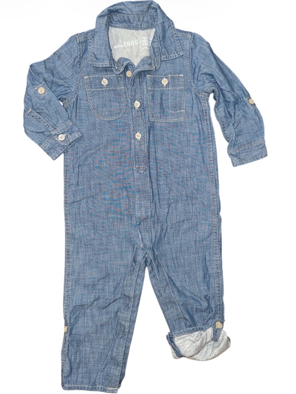 GAP Light Blue Chambray Denim Kids Jumpsuit Fully Jersey Lined